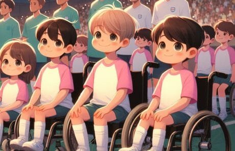 Chapter illustration: children in wheelchairs take to the pitch with the players to raise awareness of rare diseases.