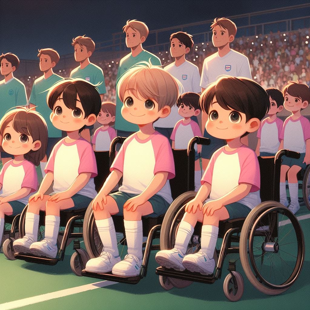 _5b015e9a-4579-41c5-9180-206bf8c39f97 Chapter illustration: children in wheelchairs take to the pitch with the players to raise awareness of rare diseases.