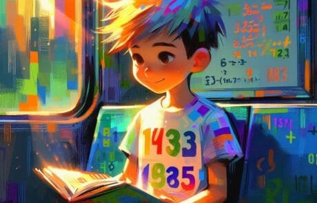 Chapter illustration: Juanma reads on the metro surrounded by colourful numbers and sums.