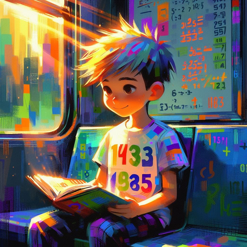 _5b22b83c-034c-40b0-a9df-5229ee928510 Chapter illustration: Juanma reads on the metro surrounded by colourful numbers and sums.