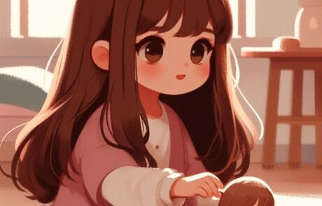 Chapter illustration: Carolina, in a pink cardigan, plays with her dolls in the living room.