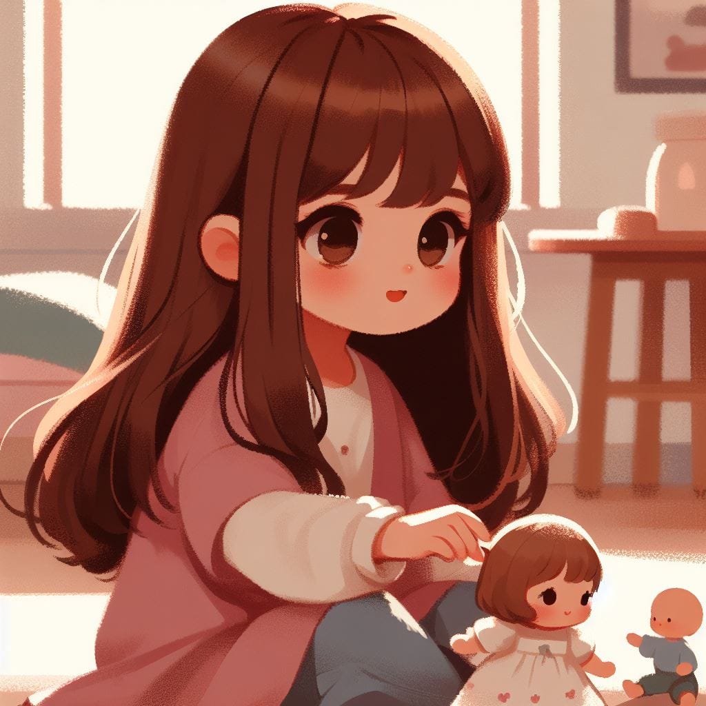 _9f433041-5ab9-409e-ba03-d3c62d0b77b3 Chapter illustration: Carolina, in a pink cardigan, plays with her dolls in the living room.