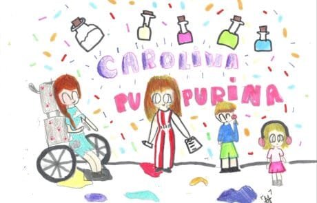 Drawing by Martina titled “Carolina Purpurina”: the heroine and her siblings among jars of glitter.