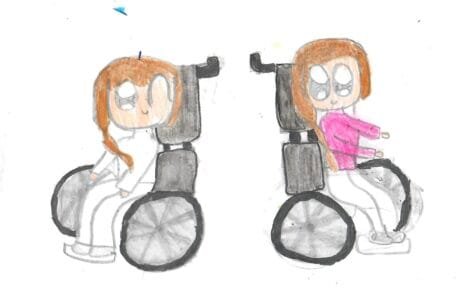 Sketches by Martina: two studies of the character Carolina in her wheelchair, in profile.