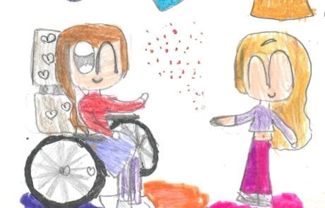 Drawing by Martina: Carolina, in her wheelchair, blows a handful of glitter towards her friend.