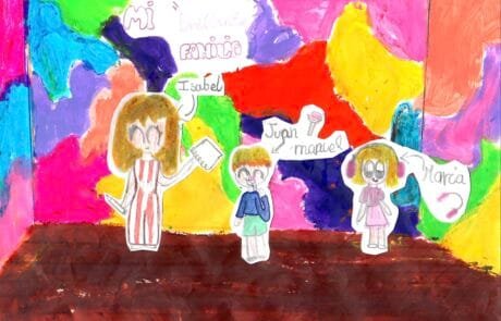Drawing by Martina titled “Mi brillante familia”, showing Isabel, Juan Manuel and María on a colourful background.