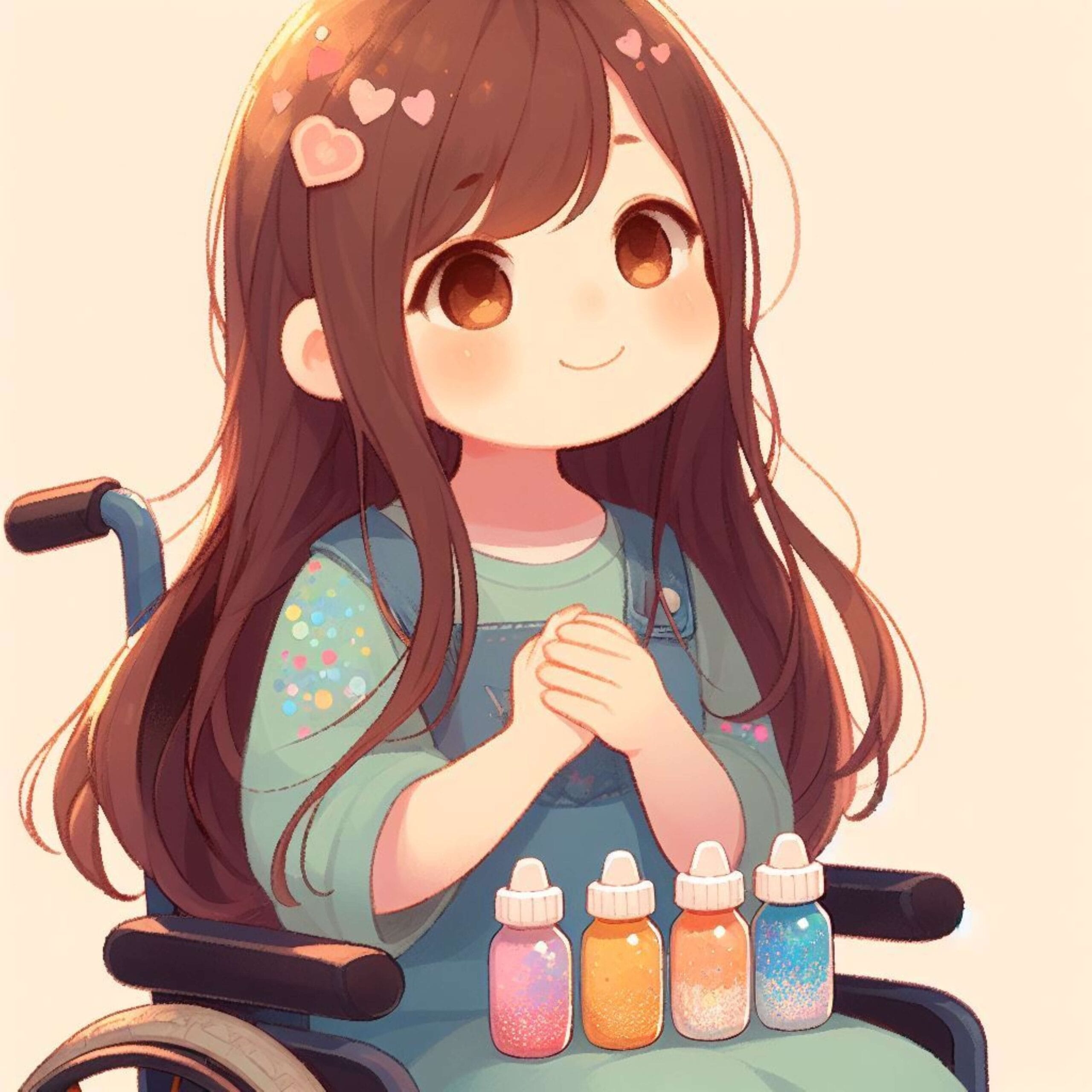 Q7 (1) Chapter illustration: Carolina smiles in front of four jars of coloured glitter.