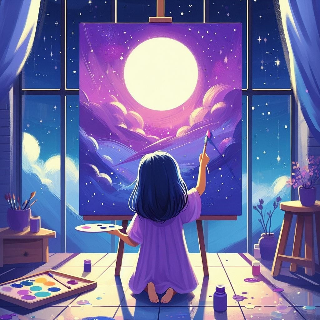 SAVE_20240321_234240 Chapter illustration: Martina paints a starry sky with a large moon on her easel.