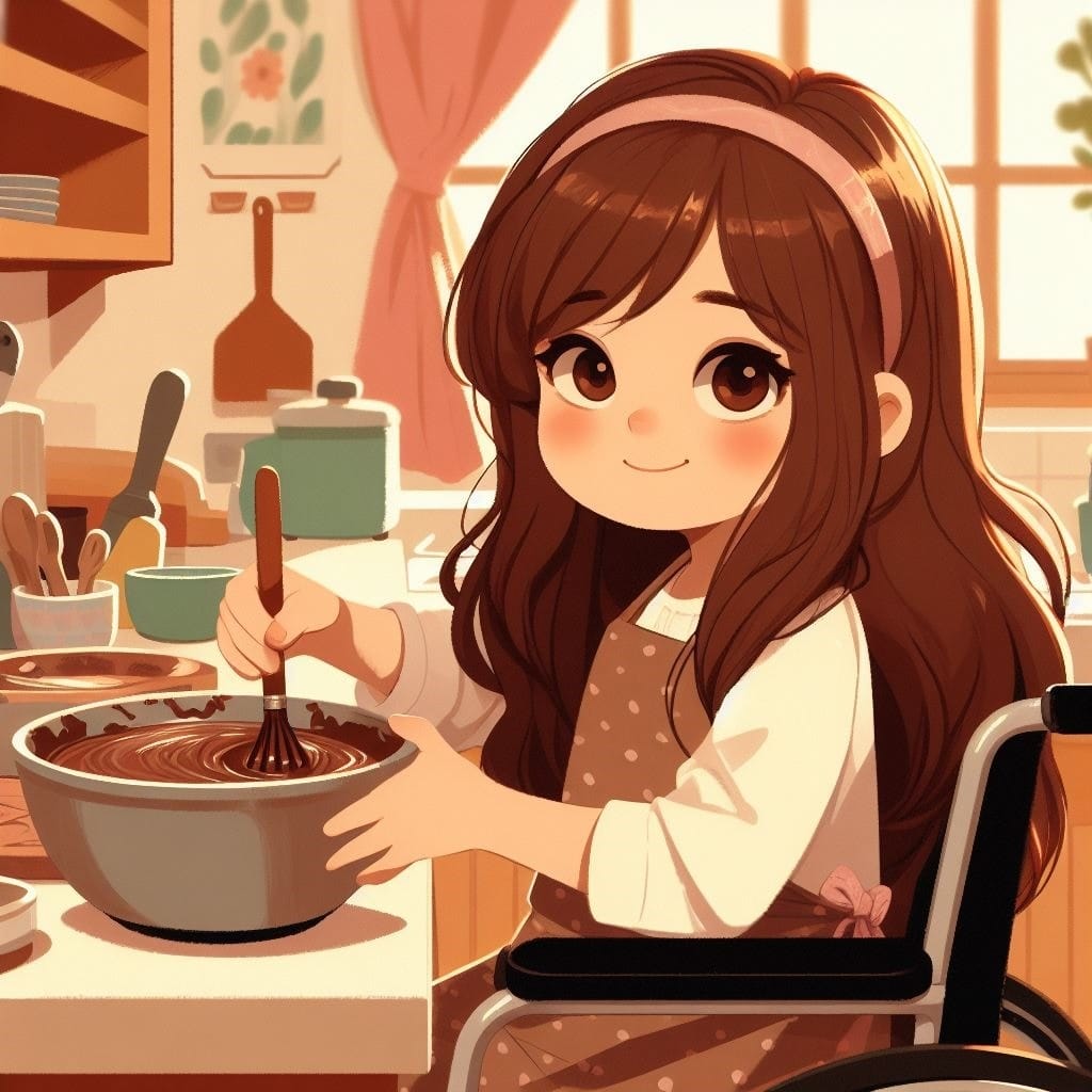 SAVE_20240321_234323 Chapter illustration: Carolina, in an apron, whisks a chocolate batter in the kitchen.