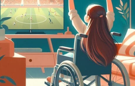Chapter illustration: Carolina raises her arms to celebrate a goal in front of the television.