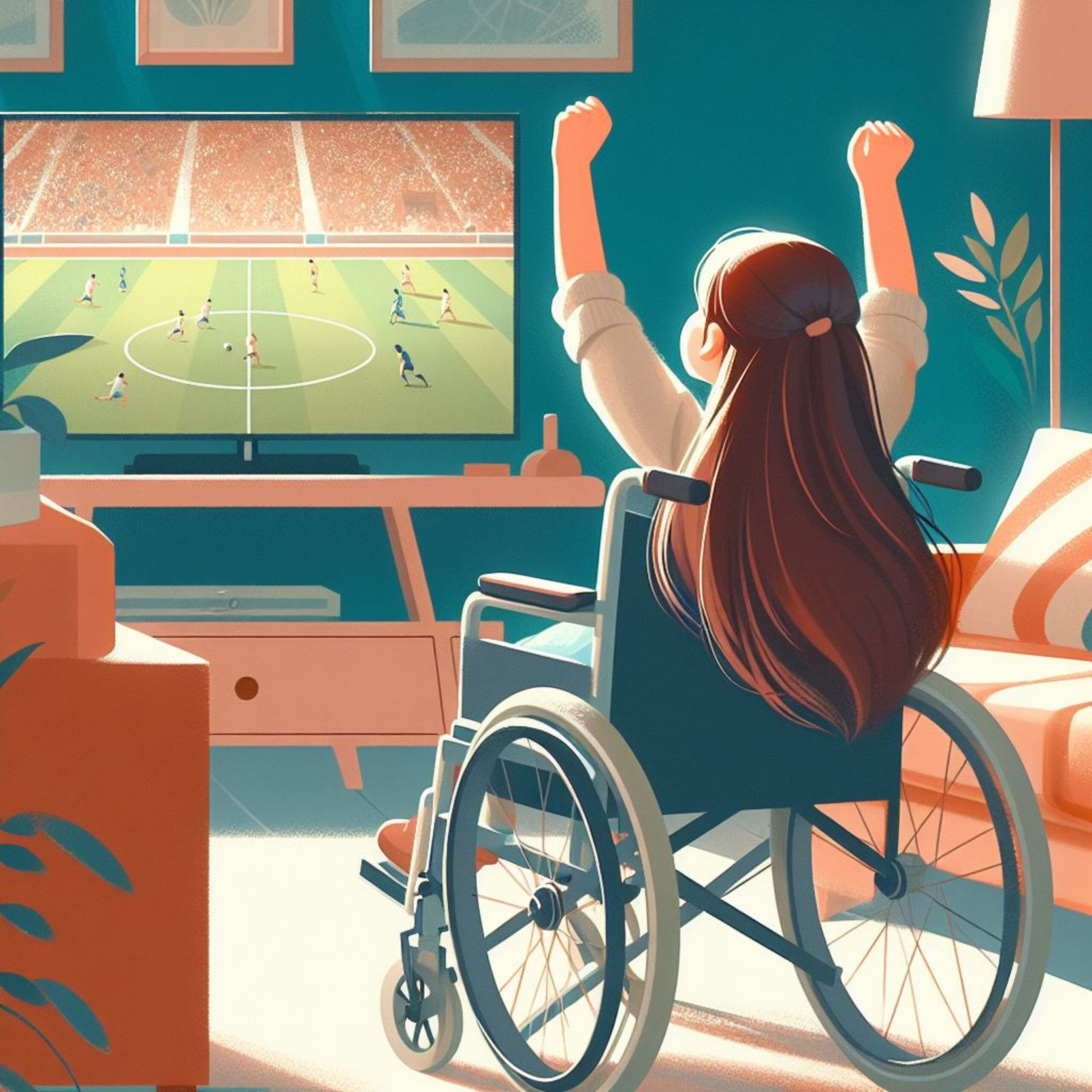 xr:d:DAGBDSISo6w:2,j:7017031591032330830,t:24033105 Chapter illustration: Carolina raises her arms to celebrate a goal in front of the television.