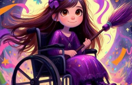 Chapter illustration: Carolina, dressed as a witch in a purple hat, holds her broom under the moon.