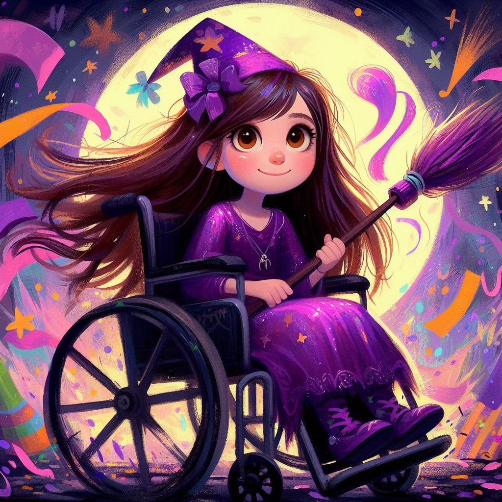 _a0d2e646-3abb-4e64-af88-d84cffe5c48e Chapter illustration: Carolina, dressed as a witch in a purple hat, holds her broom under the moon.