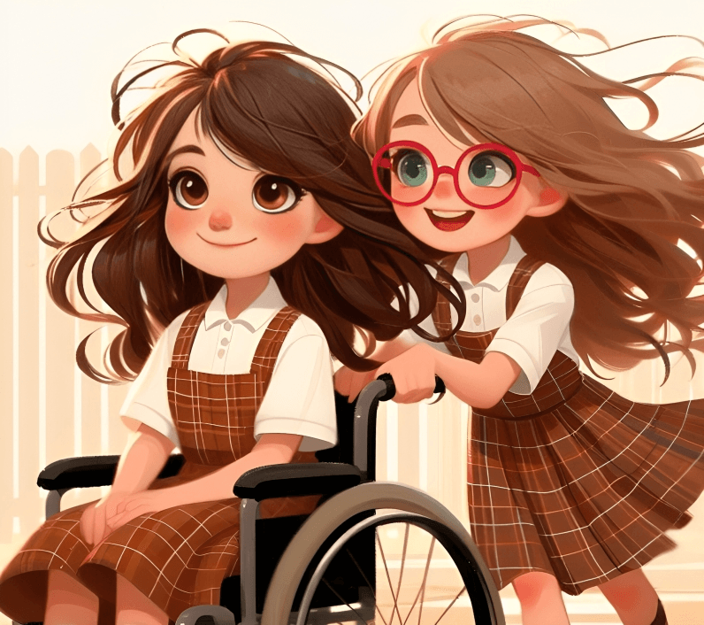 a17_Z6IBOVv3 Chapter illustration: Patri pushes Carolina’s wheelchair; both are wearing their school uniform.