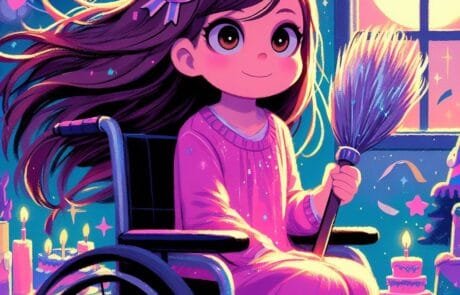 Chapter illustration: Carolina holds a sparkling broom at her birthday party, among cakes and candles.
