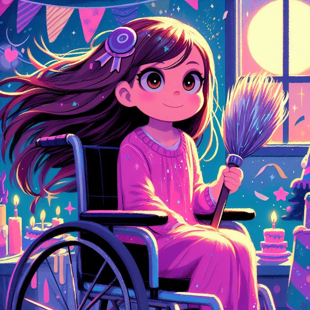 birthday Chapter illustration: Carolina holds a sparkling broom at her birthday party, among cakes and candles.