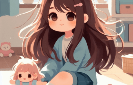 Chapter illustration: Carolina plays on her bedroom floor with a doll.