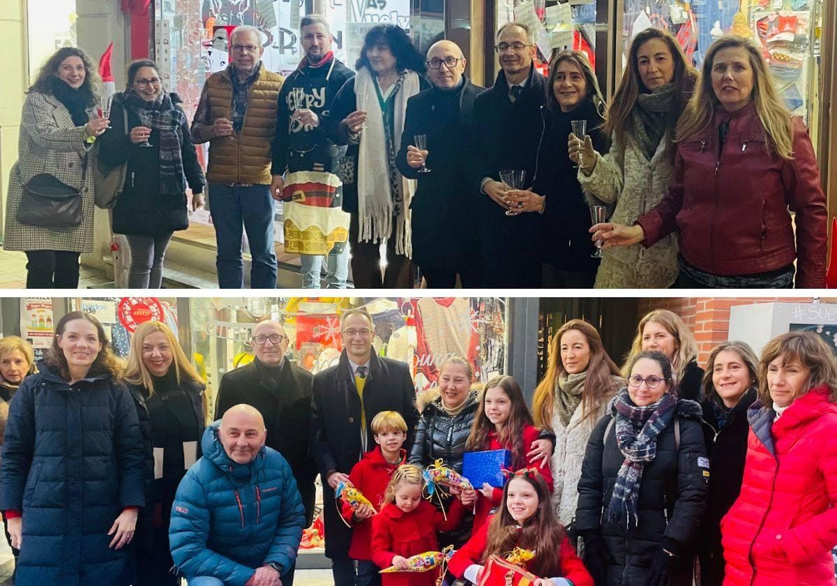 Montage: above, a group toasting outside a shop window; below, a group photo with children in red and a girl in a wheelchair.