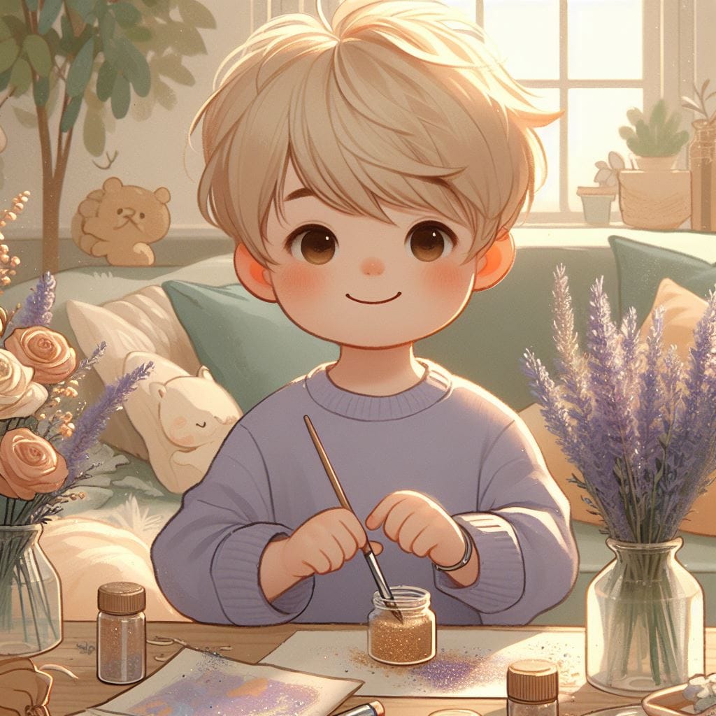 _dcbcd271-ddd1-4510-b110-73ace786fc10 Chapter illustration: Juanma dips his brush into a jar of golden glitter among bunches of lavender.