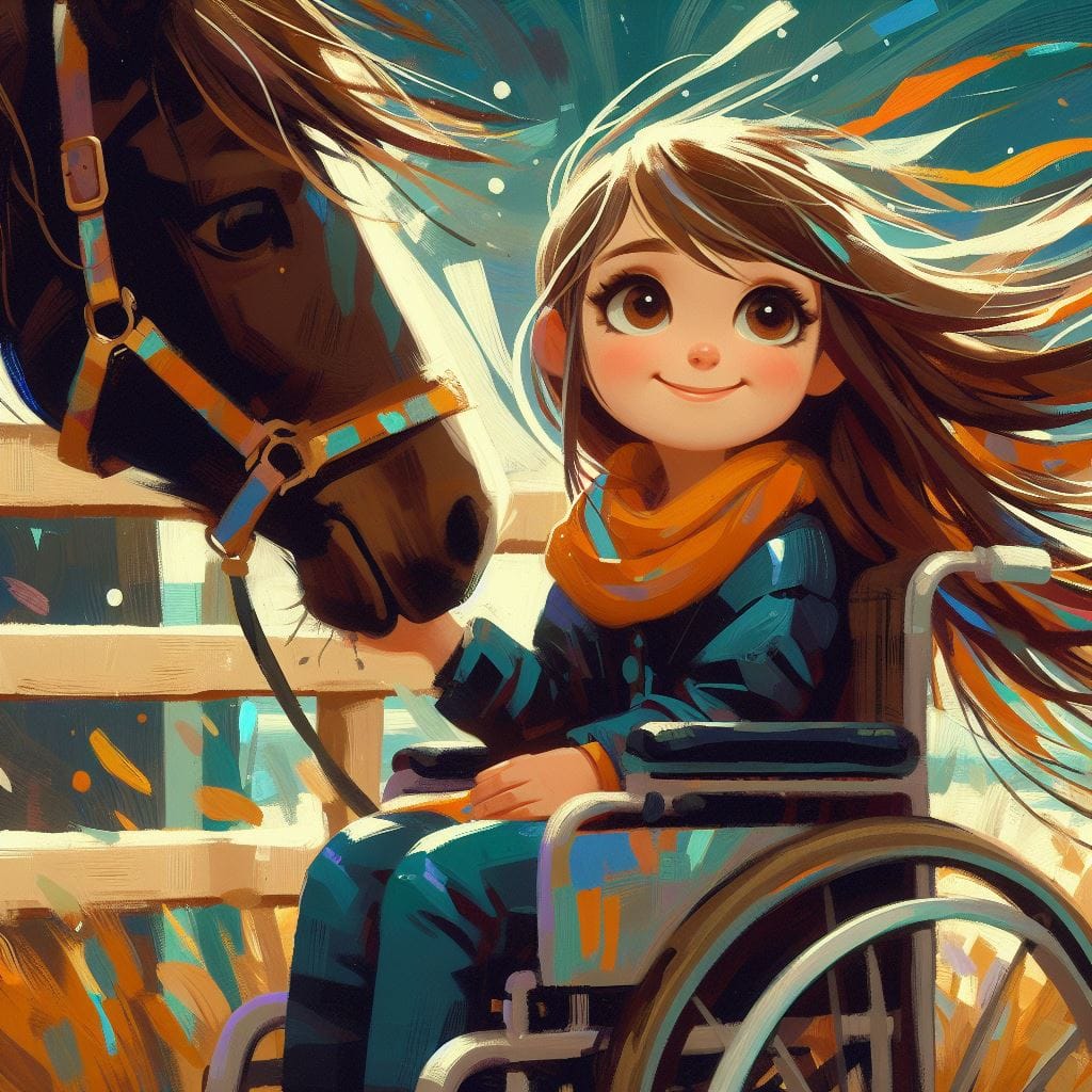 horse Chapter illustration: Carolina strokes a horse’s muzzle from her wheelchair.