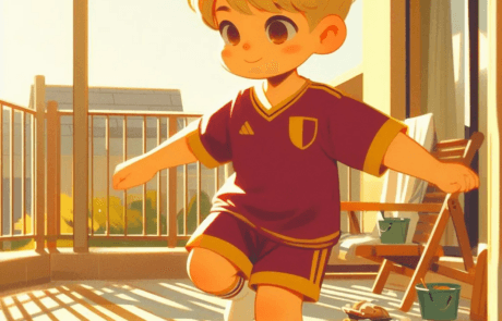 Chapter illustration: Juanma, in his football kit, plays with the ball on the terrace.