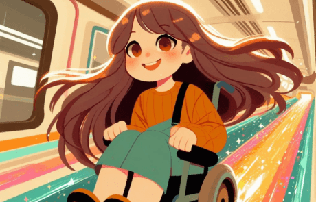 Chapter illustration: Carolina speeds down a colourful ramp in the metro.