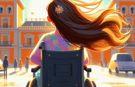 Chapter illustration: Carolina, seen from behind in her wheelchair, gazes at the palace.