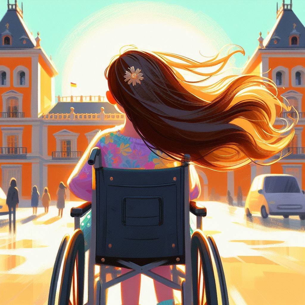 palace to Chapter illustration: Carolina, seen from behind in her wheelchair, gazes at the palace.