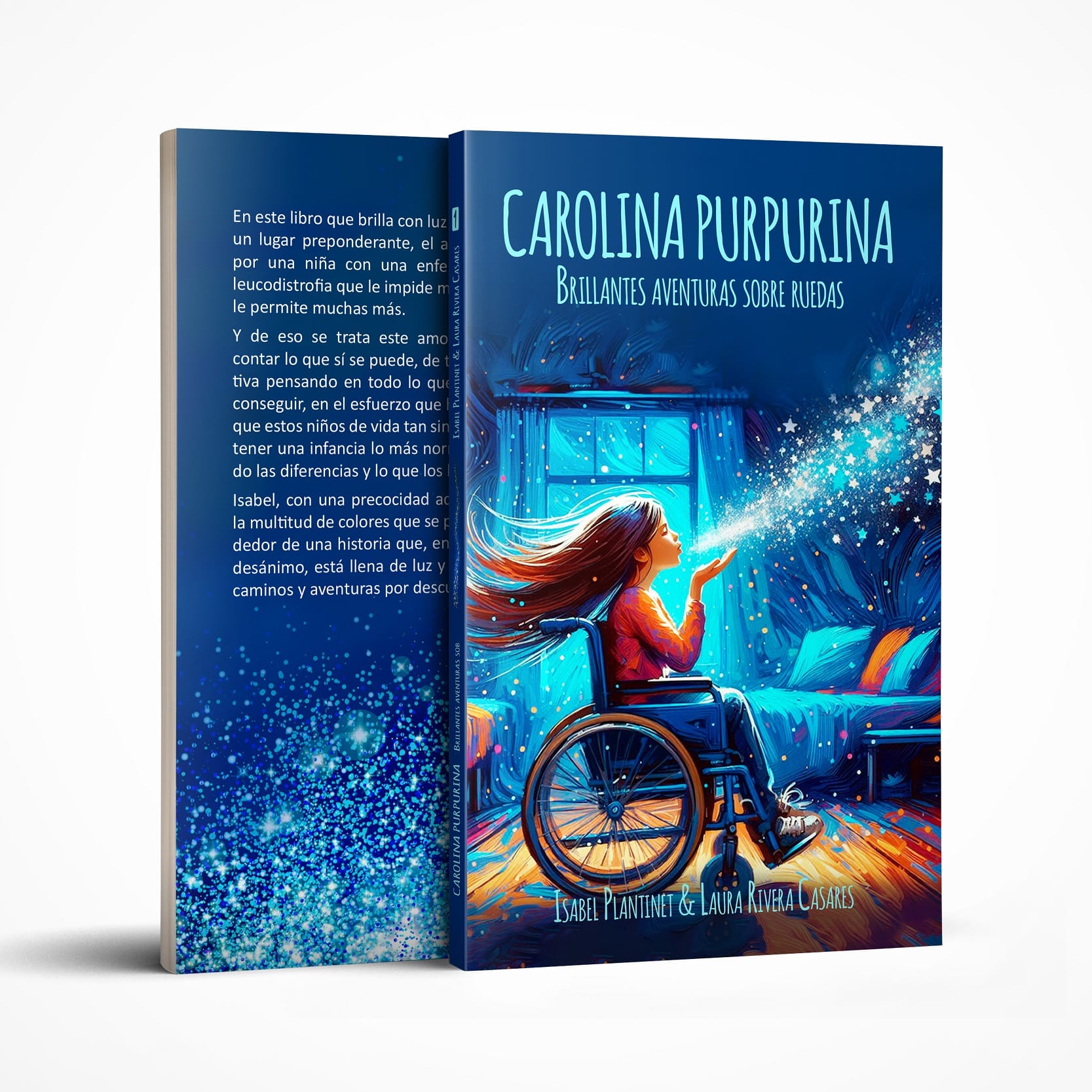 Mock-up of the book “Carolina Purpurina. Brillantes aventuras sobre ruedas”, front cover and back cover.
