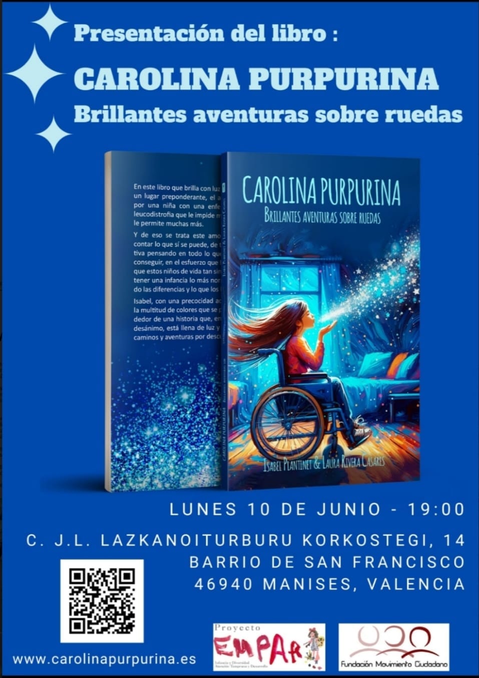 Poster for the book launch in Manises, Valencia, on Monday 10 June at 7 p.m., with the cover in the foreground.