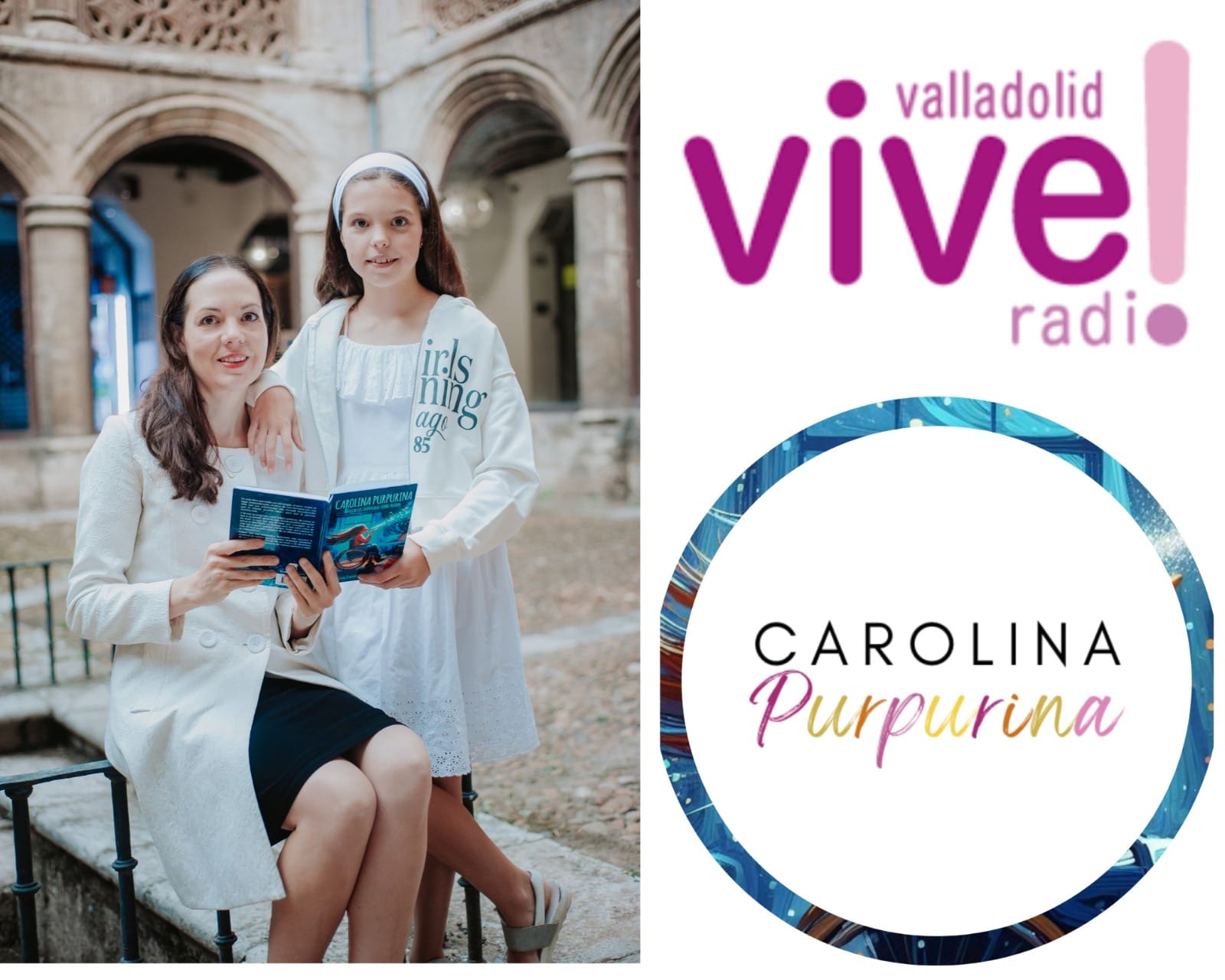 A woman and a girl hold the open book in a cloister, beside the Vive! Radio Valladolid logo.