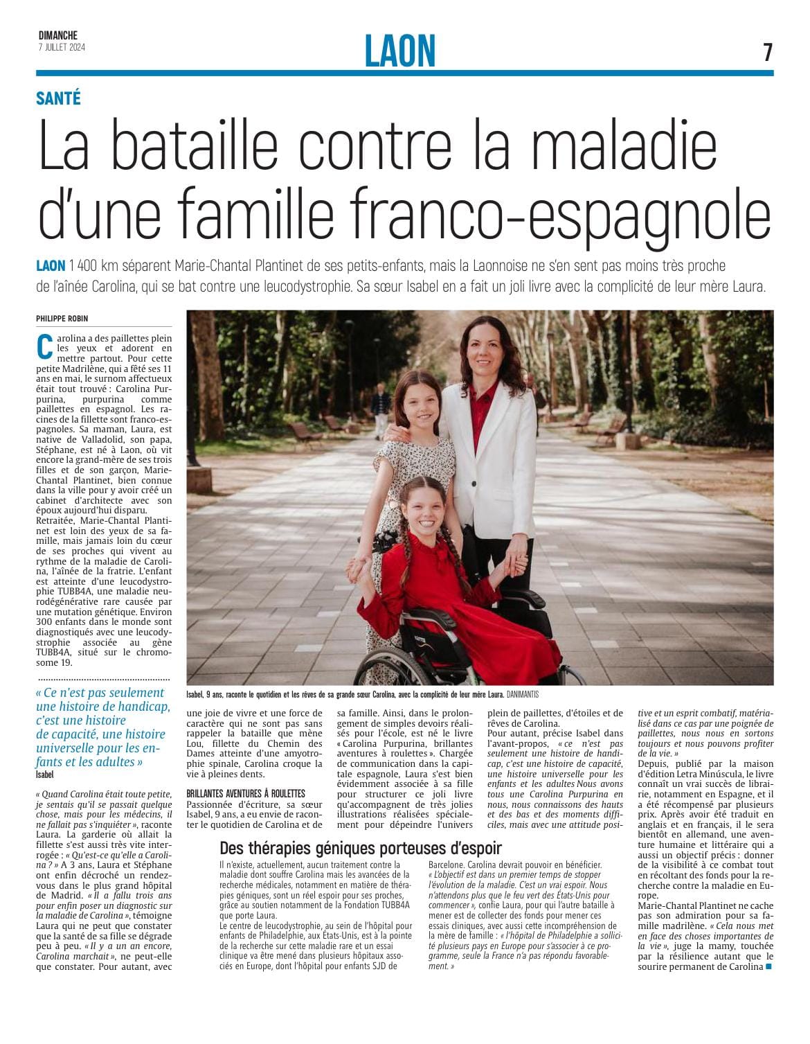 Page from a French newspaper headlined “La bataille contre la maladie d’une famille franco-espagnole”, the family in a park.