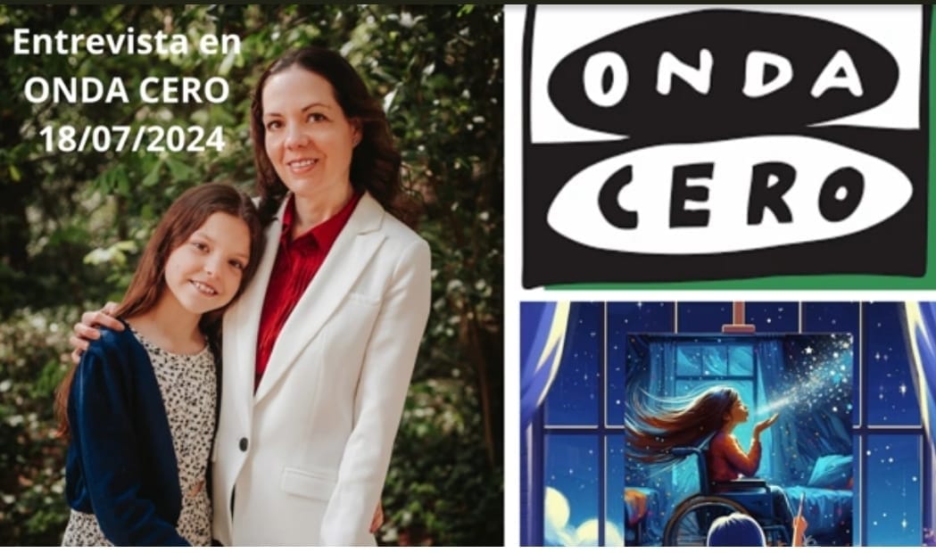 Montage announcing the Onda Cero interview: a woman with her arm around a girl, beside the logo and the book cover.