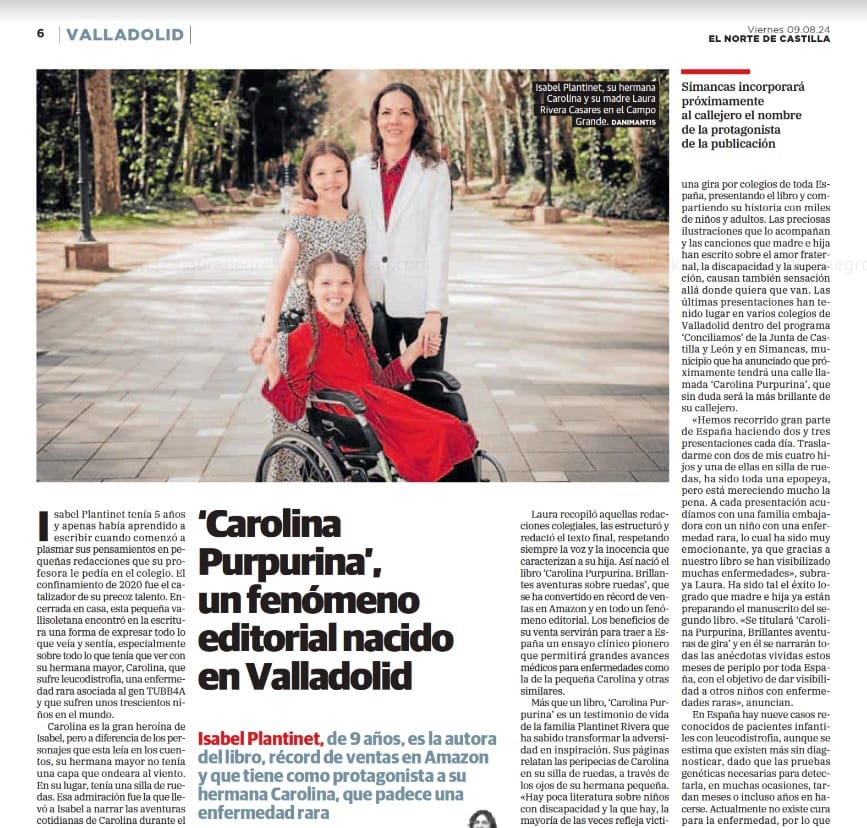Page from the newspaper El Norte de Castilla on the publishing success of “Carolina Purpurina”, with a family photo.