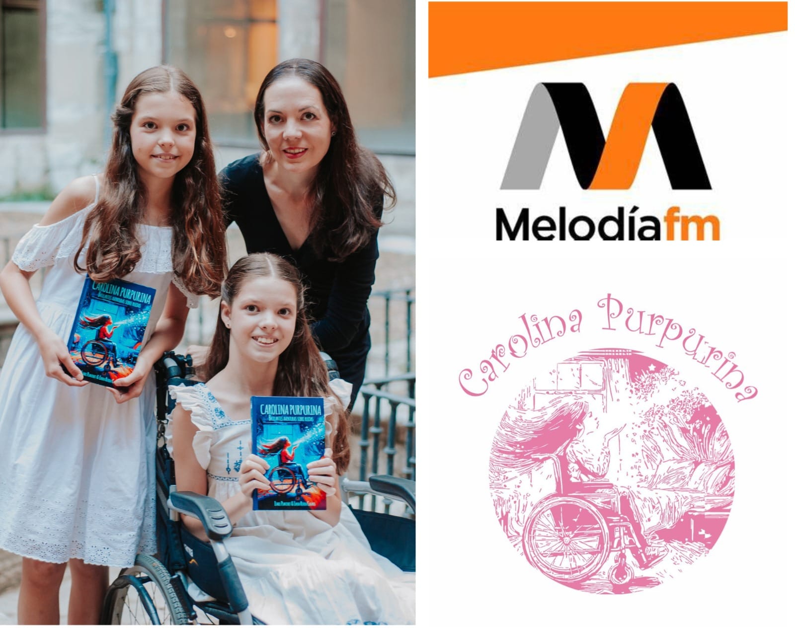 Montage: two girls, one in a wheelchair, showing the book beside a woman, next to the Melodía fm logo.