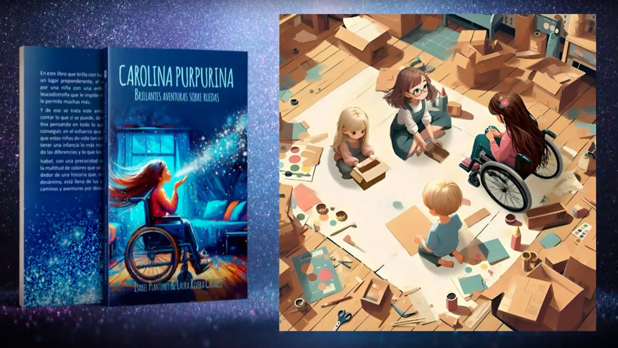 Television screen: the cover of “Carolina Purpurina” and an illustration of children playing, one in a wheelchair.