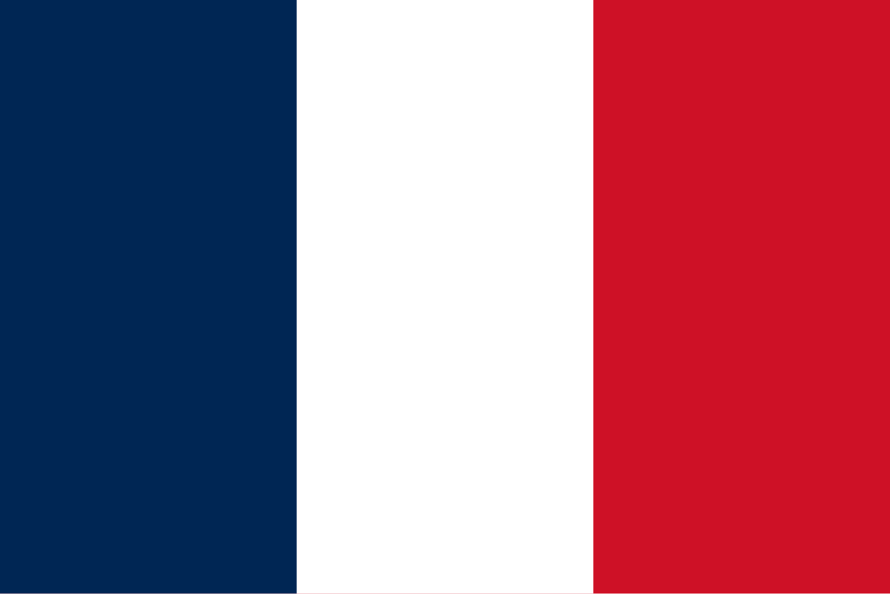 Flag of France: three vertical bands of blue, white and red.