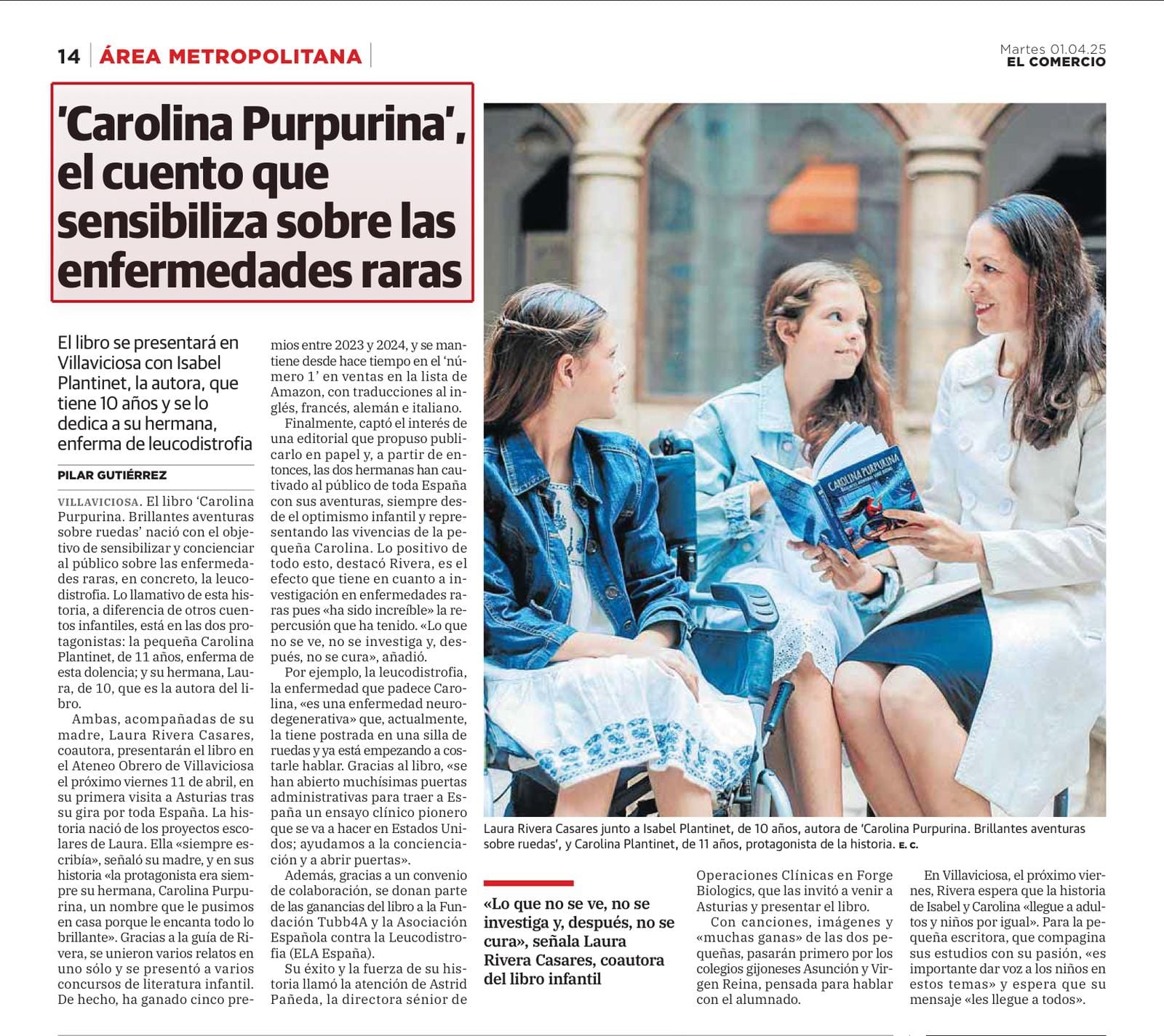 Article in the newspaper El Comercio about Carolina Purpurina, with a photograph of the two sisters and their mother reading the book.