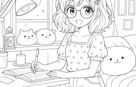 Colouring page: Isabel writes in her notebook at night, beside her lamp and cushions.