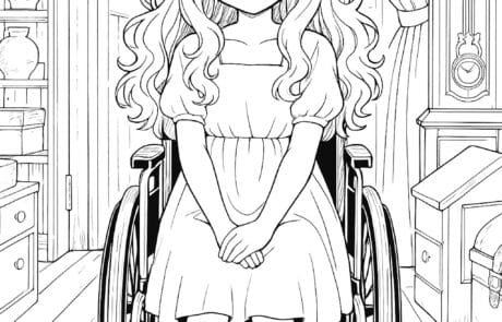 Colouring page: Carolina, in her wheelchair and party dress, beside a grandfather clock.