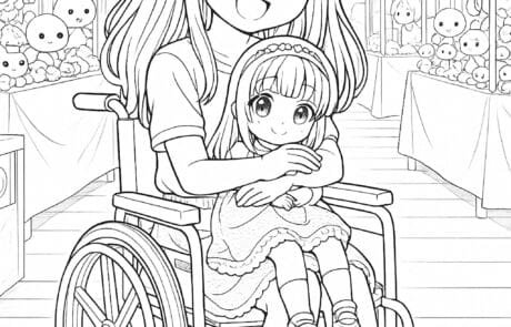 Colouring page: Carolina winks at the funfair, a doll on her lap and stalls of soft toys behind her.