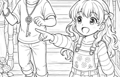 Colouring page: a boy wearing a large key pendant and María pointing, on the wooden staircase.