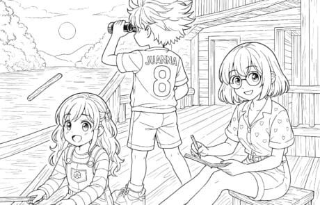 Colouring page: the siblings on a jetty; Juanma looks through binoculars and Isabel writes in her notebook.