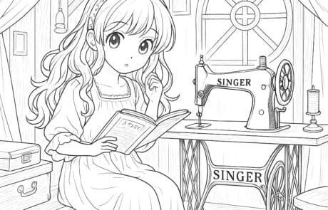 Colouring page: Carolina reads a book in the attic, beside an old sewing machine.