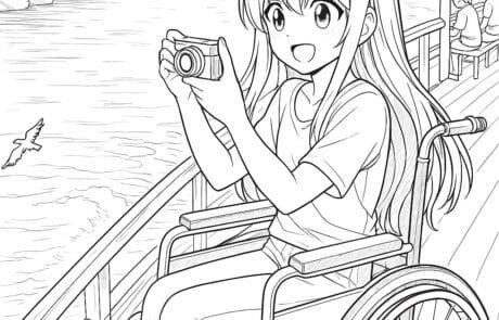 Colouring page: Carolina takes a photo with her camera from the jetty, a seagull in the distance.