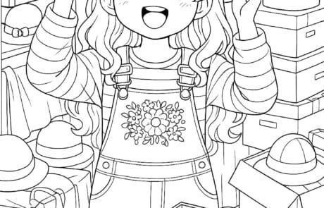 Colouring page: María tries on a flowered hat in an attic full of hat boxes.