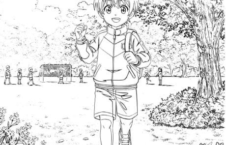 Colouring page: Juanma runs through the park with his backpack, a goal in the background.