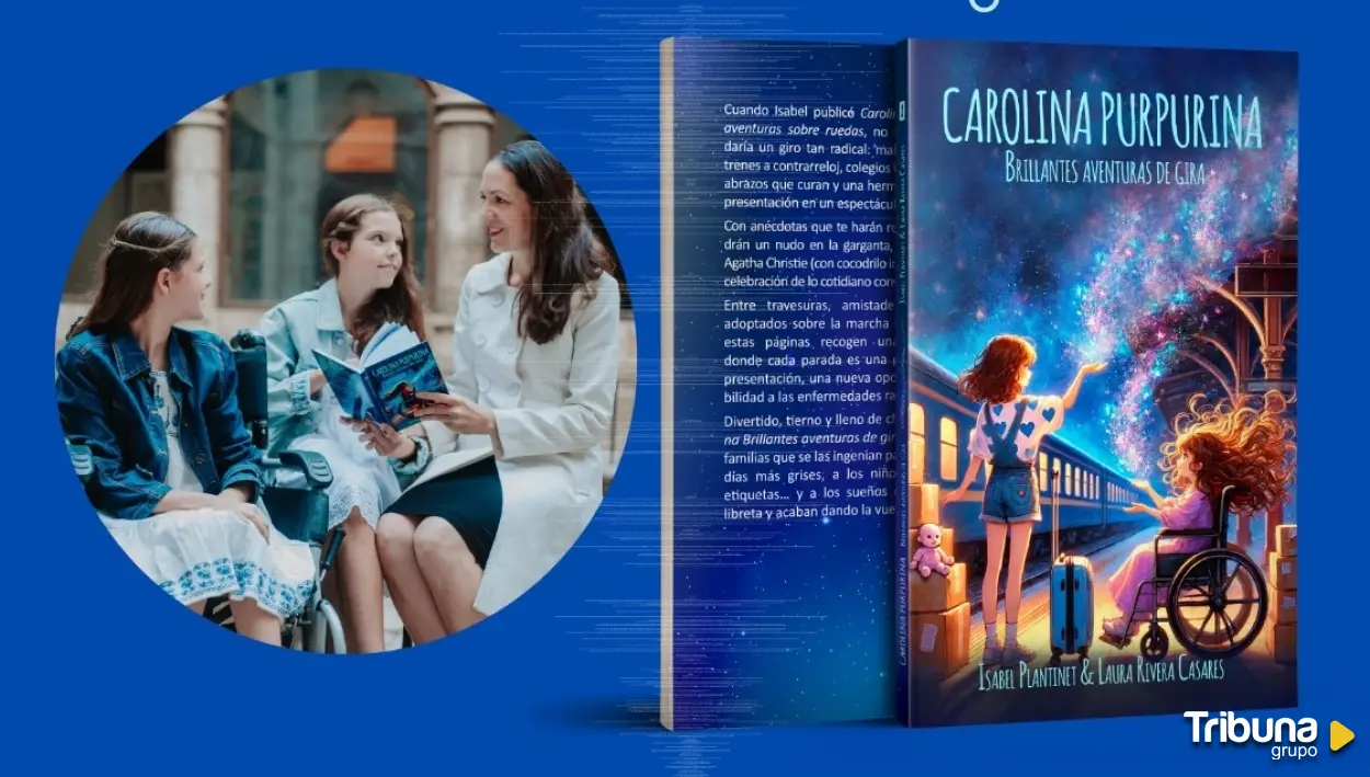 A montage of the book “Brillantes aventuras de gira” beside a photo of a woman and two girls reading it, one in a wheelchair.