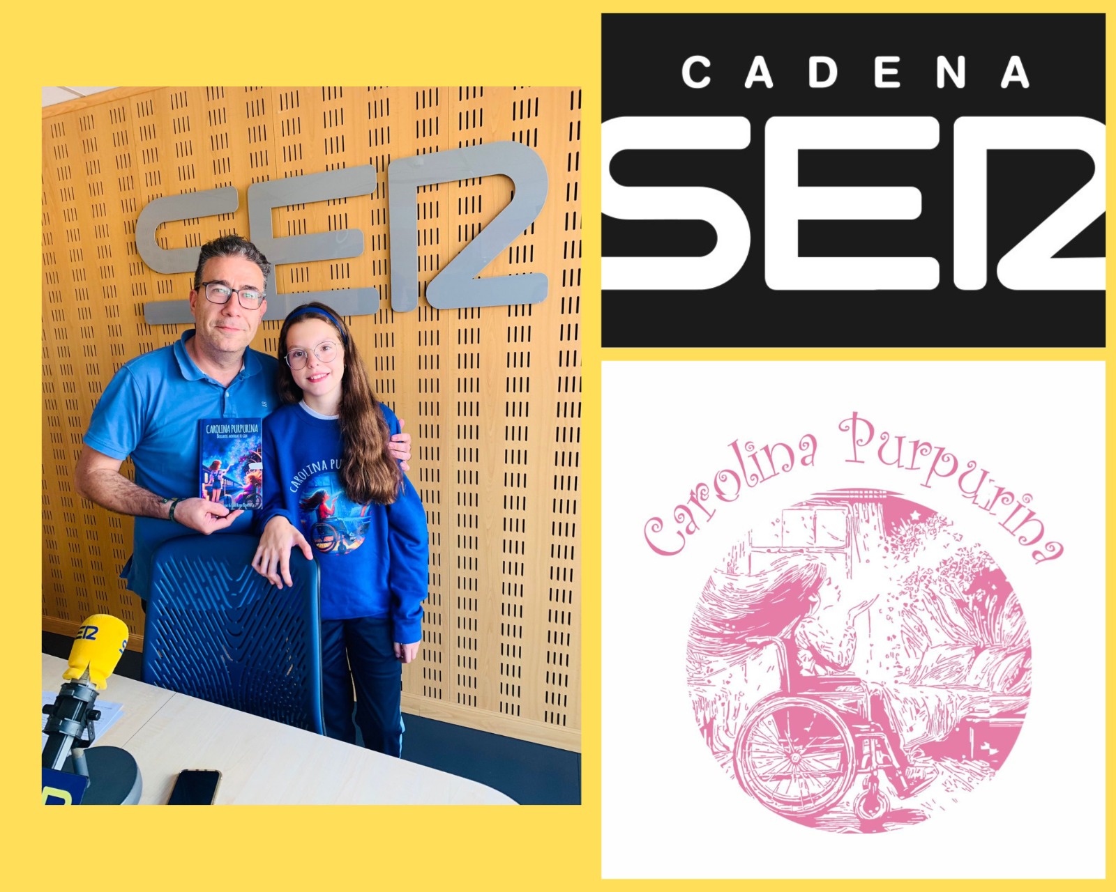 Isabel, in a sweatshirt printed with the book cover, in the Cadena SER studio beside a man holding “Carolina Purpurina”.