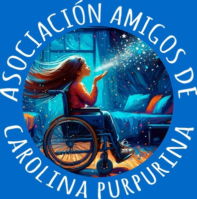Logotipo de la Asociación Amigos de Carolina Purpurina: una joven en silla de ruedas sopla un puñado de purpurina.